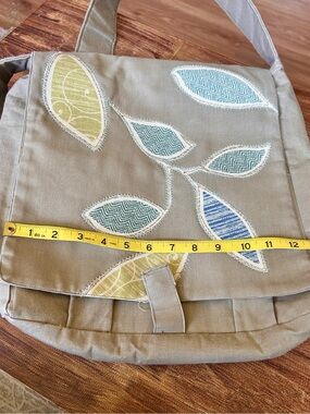 Canvas Leaf Appliqué Crossbody Bag - Neutral with Blue & Green Leaves